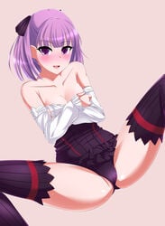 bare_shoulders blush covering_breasts fate/grand_order fate_(series) female helena_blavatsky_(fate) looking_at_viewer medium_hair open_mouth panties purple_eyes purple_hair purple_legwear purple_panties ribbon smile thighs