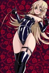blush dominant_female dominatrix eyepatch gloves goddess_of_victory:_nikke guillotine_(nikke) holding_object holding_whip latex_gloves small_breasts
