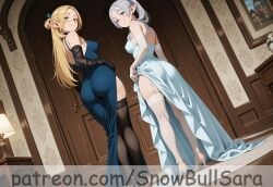ass ass_focus delicious_in_dungeon dress elegant elegant_dress frieren frieren_beyond_journey's_end from_behind grin high_heels lace_gloves lace_underwear marcille_donato medium_breasts naughty_face small_breasts snowbullsara stockings stockings_thigh_highs