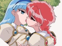 armor blue_eyes blue_hair brainwashing empty_eyes female_only femsub french_kiss hikaru_shidou hitsugi_mc hypnosis kissing long_hair magic_knight_rayearth mind_control red_eyes red_hair short_hair simple_background sub_on_sub umi_ryuuzaki yuri