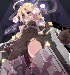 ahoge blazblue blonde_hair bodysuit braid breasts cameltoe female infraton lambda-11 mecha_musume red_eyes single_braid solo thighhighs torn_clothes very_long_hair