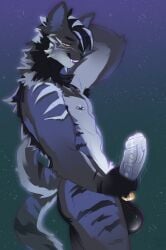 absurd_res anthro balls black_balls black_hair black_nose blue_body blue_fur blue_lips fangs felid foreskin fur genital_piercing genitals glistening glistening_body glistening_skin hair hands_behind_head hi_res holding_penis lance_(huf13) lips looking_at_viewer male mammal mane nipple_piercing nipples pantherine penis penis_piercing piercing presenting presenting_penis smile smiling_at_viewer smirk smirking_at_viewer solo sparkles striped_body striped_fur stripes teeth tiger uncircumcised vein veiny_penis wtchynbtchy yellow_eyes