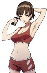1girls absurdres armpits arms_behind_head bike_shorts braid breasts brown_hair brunette cellphone crown_braid female highres kunomd lipstick looking_away makeup makoto_niijima midriff navel nipples_visible_through_clothing one_eye_closed persona persona_5 phone red_eyes short_hair shorts small_breasts smile solo sports_bra tank_top transparent