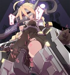 ahoge blazblue blonde_hair bodysuit braid breasts female infraton lambda-11 mecha_musume oral red_eyes single_braid solo text thighhighs torn_clothes vaginal_penetration very_long_hair