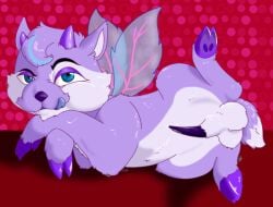 balls blue_eyes bodily_fluids erection faerie_neopet feral genital_fluids genitals ixi_(neopets) licking licking_lips male neopet_(species) neopets nude penis precum purple_body solo tongue tongue_out wolfgirltk