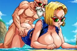1boy 1girls 3:2 age_difference ai_generated android_18 ass big_ass big_breasts blonde_hair blue_eyes breasts dragon_ball dragon_ball_z female huge_breasts large_breasts male master_roshi older_male sex straight younger_female
