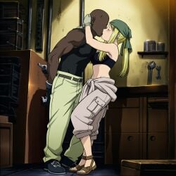 1boy 1girls abasta ai_generated bandana blonde_hair blue_eyes dark dark-skinned_male dark_skin female flirting fullmetal_alchemist green_bandana interracial kissing light-skinned_female light_skin male mechanic netorare romantic sandals sidelocks smug winry_rockbell workshop