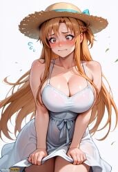 ai_generated asuna_(sao) bangs bare_shoulders blush braid breasts brown_eyes brown_hair cleavage closed_mouth collarbone cowboy_shot dress dress_tug embarrassed female hat hat_ribbon high_resolution highres large_breasts long_hair ribbon see-through simple_background sleeveless sleeveless_dress solo stable_diffusion straw_hat sun_hat sundress sweat sword_art_online thighs underwear waifuscans418 wavy_mouth wet wet_clothes white_background white_dress