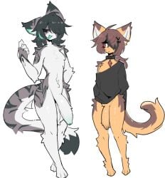 2025 anthro balls bangs big_penis black_clothing black_shirt black_topwear brown_body brown_fur brown_hair clothing collar colored digital_drawing_(artwork) digital_media_(artwork) domestic_cat duo eyelashes felid feline felis femboy fluffy foreskin fur genitals green_mouth grey_body grey_fur grey_hair hair half-closed_eyes huge_cock hyper hyper_genitalia hyper_penis long_hair long_sleeves looking_at_another looking_away male mammal narrowed_eyes nude orange_body orange_fur penis ponytail shirt shiyaa_stuff simple_background standing striped_body striped_fur stripes tail topwear white_background white_body white_fur
