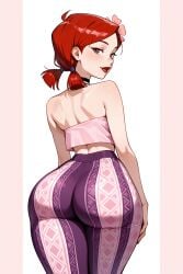ai_generated ass ass_focus back bare_shoulders black_choker brown_eyes choker female flower forbidden_pants from_behind hair_flower hair_ornament huge_ass lipstick looking_at_viewer looking_back median_furrow medium_hair pants patreon_username pink_flower red_hair red_lips short_twintails solo thick_thighs thighs tight_clothes tight_pants total_drama:_revenge_of_the_island total_drama_island tube_top twintails white_background wide_hips zoey_(tdi)