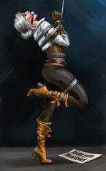 ai_generated alex00xela ass ball_gag bondage captured captured_heroine cd_projekt_red ciri closed_eyes clothing female high_heel_boots light-skinned_female mascara solo solo_female the_witcher_(series) the_witcher_3:_wild_hunt white_hair