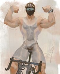 1boy bara biceps bike bulge eyes_covered flexing helmet male male_focus male_only mask muscular muscular_arms muscular_male solo solo_male yangtuokawayi