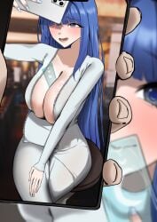 1other absurdres arcana_(nikke) between_breasts blue_eyes breasts card card_between_breasts cellphone dress female ffang_tb goddess_of_victory:_nikke highres holding holding_phone huge_breasts juxtaposition open_clothes phone pov smartphone white_nails zipper_dress