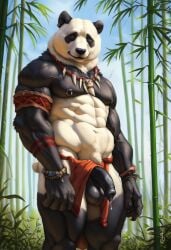 1boy abs ai_generated animal_humanoid anthro avaru balls bamboo bamboo_forest bear belly_button biceps black_body black_fur black_nipples fur furry genitals humanoid loincloth loincloth_aside male male_focus male_only mammal mammal_humanoid muscular muscular_male nature nature_background navel nipples nude panda panda_ears penis pierced_ears piercing precum primal_wilds solo tagme testicles tribal tribal_clothing tuft tufted_fur ursid ursid_humanoid ursine white_fur