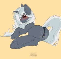 2025 ass blush bodily_fluids butt_focus cum digital_media_(artwork) equid equine eyebrows fan_character female friendship_is_magic genital_fluids genitals grey_body hair hasbro hi_res hitoya69 hooves horn horse looking_at_viewer mammal my_little_pony mythological_creature mythological_equine mythology nude pony ponytail pussy red_eyes shy simple_background smile solo tail ukhat_nabat unicorn white_hair