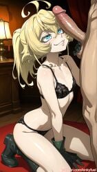 ai_generated anime_style black_lingerie blonde_hair blue_eyes bra cel_shading dick gloves high_boots high_detail indoor kinkyfuel kneeling_pose lingerie military_office official_outfit panties penis ponytail seductive_expression tanya_degurechaff wooden_furniture youjo_senki
