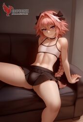 1boy 2d ai_generated ass bangs bare_shoulders barefeet big_ass black_bow bow braid bulge crossdressing crossdressing_male erection erection_under_clothes erophoenix feet full_body long_hair looking_at_viewer looking_back male male_focus multicolored_hair navel nude oerba_yun_fang otoko_no_ko pale_skinned_male patreon_username penis pink_hair purple_eyes single_braid smile soles solo solo_male spread_legs streaked_hair sweat thick thick_thighs toes uncensored underwear