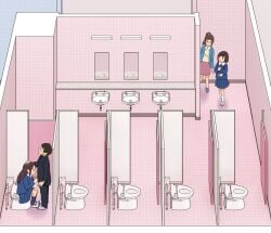 1boy 3girls blue_jacket blue_skirt bra brown_hair female handjob jacket kiyo_(kyokyo1220) male mirror multiple_girls original pink_bra pleated_skirt public_restroom school_uniform skirt straight tile_floor tile_wall tiles toilet underwear