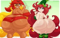 2d 2girls ass back_view betilla_(rayman) blonde_hair bottom_heavy breasts breasts_bigger_than_head busty cleavage dark-skinned_female dark_skin edith_up_(rayman) female female_only fromariels light-skinned_female light_skin rayman_(series) red_hair tagme thighs white_background