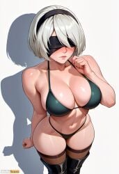 ai_generated artist_name bangs bare_shoulders bikini black_blindfold black_footwear black_hairband blindfold blush boots breasts cleavage collarbone female green_bikini hairband high_resolution highres large_breasts lips navel nier:_automata parted_lips shadow short_hair simple_background solo stable_diffusion sweat swimsuit thigh_boots thighhighs thighhighs_under_boots thighs waifuscans418 white_background white_hair yorha_2b