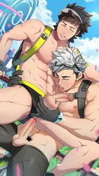 2boys abs age_difference anal blush brown_hair gay gloves hand_on_head human male male_only male_protagonist_(pokemon_go) mazjojo multiple_boys muscle nintendo outdoors penetration penis pokemon pokemon_go pubic_hair sex silver_hair sweat testicle_grab testicles underwear willow_(pokemon) yaoi