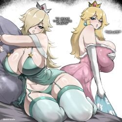 big_ass big_breasts blonde_hair cleavage dialogue female female_only huge_ass huge_breasts mario_(series) nintendo omniartstudio princess_peach princess_rosalina talking_to_viewer thick_thighs