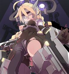 ahoge blazblue blonde_hair bodysuit braid breasts female infraton lambda-11 mecha_musume red_eyes single_braid solo thighhighs torn_clothes very_long_hair