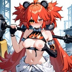 (titancore) ai_generated blush breasts_out construction_site curvy_figure cute_girl eyepatch female girl hair_ornament hammer holding_breast holding_object jumpsuit koleda_belobog long_hair puffy_nipples red_eyes red_hair small_breasts sweatdrop twintails video_game_character zenless_zone_zero