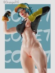 1girls 2024 3d abs artist_name athletic athletic_female blue_eyes blue_hair bottomless comet_(fortnite) fortnite gloves lifting_shirt light-skinned_female light_skin looking_at_viewer oranger6 partially_clothed pussy thick_thighs thighs video_games wink
