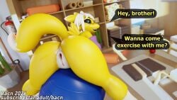 2026 3d_(artwork) absurd_res anthro ass bacn ball bandai_namco bent_over black_sclera blender_(artwork) blender_cycles_(artwork) blue_eyes canid canine detailed_background dialogue digimon digimon_(species) digital_media_(artwork) english_text exercise_ball eyewear female fox fur furniture genitals glasses hair hi_res incest_(lore) inside looking_at_viewer looking_back mammal nude open_mouth presenting presenting_hindquarters renamon renny_(bacn) sibling_(lore) sister_(lore) smile smiling_at_viewer solo speech_bubble tail talking_to_viewer teeth text vulva white_body white_fur white_hair yellow_body