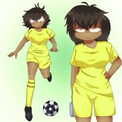 breasts brown_eyes brown_skin dark_brown_hair female football girlfriend oc original original_character safe sexy soccer soccer_uniform thick yellow