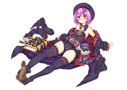 1boy boots boots_removed censored cum cum_on_feet disembodied_penis fate/grand_order fate_(series) feet female footjob hat helena_blavatsky_(fate) lying medium_hair no_shoes penis purple_boots purple_eyes purple_hair purple_legwear shoes_removed strapless_dress tahira_ureka