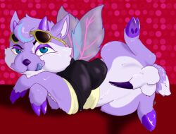 balls blue_eyes bodily_fluids clothed clothed_feral clothing erection faerie_neopet feral genital_fluids genitals ixi_(neopets) licking licking_lips male neopet_(species) neopets penis precum purple_body solo tongue tongue_out wolfgirltk