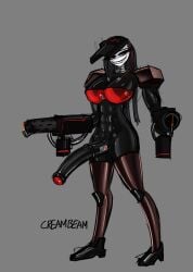 absurd_res big_breasts big_penis breasts creambeam face_shield fire flamethrower genitals grin gynomorph half-erect helldivers hi_res humanoid intersex machine mask muscular penis ranged_weapon robot robot_humanoid sharp_teeth smile solo teeth warning_label weapon welding_mask wire_hair