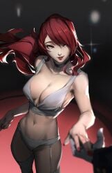 alternate_version_available breasts choker cleavage dance dancer dancer_outfit dress female hair_over_one_eye holding_hands kunomd large_breasts lingerie lipstick long_hair looking_at_viewer mitsuru_kirijo panties persona persona_3 red_eyes red_hair red_lips red_nails smile solo_focus thighhighs underwear