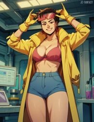 adjusting_eyewear ai_generated bikini_top_only bra breasts brown_hair clavicle cleavage clothing coat cyberpunk denim earrings eyewear_on_head female female_only fingerless_gloves gloves grin hoop_earrings indoors jacket jc-fantasy jewelry jubilee large_breasts linea_alba looking_at_viewer marvel marvel_comics medium_breasts midriff navel open_clothes open_coat open_jacket pink_bra shirt short_hair short_shorts shorts single_glove smile solo standing sunglasses teeth thighs tinted_eyewear underwear x-men yellow_coat yellow_gloves yellow_jacket