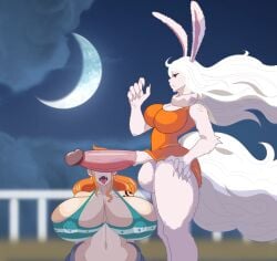 2girls big_nipples big_penis bra breasts_bigger_than_head carrot_(one_piece) claws erection female fur furry_balls futa_on_female futanari huge_breasts intersex large_penis long_hair massive_breasts nami_(one_piece) nipple_bulge nipples_visible_through_clothing one_piece orange_hair penis_on_face piratebay rabbit_ears rabbit_girl sulong_carrot tongue_out white_hair