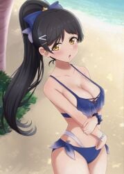 bare_arms bare_belly bare_legs bare_shoulders bare_thighs beach big_breasts bikini black_hair blue_bikini blush body_blush bracelet breasts cleavage collarbone hair_ribbon hazuki_ren high_ponytail long_hair love_live! love_live!_superstar!! outdoors parted_lips ponytail satolive20 side-tie_bikini_bottom standing thighs yellow_eyes