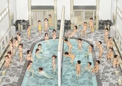 6+boys 6+girls bathhouse bathing breasts completely_nude falling female human_tower kiyo_(kyokyo1220) male mirror multiple_boys multiple_girls nipples nude original penis pointing stacking towel voyeurism