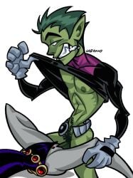 1boy 1girls beast_boy cartoon_network cartoony dc dc_comics female garfield_logan jabanxo male pussy rachel_roth raven_(dc) teen_titans