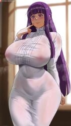 1girls bangs big_breasts blushing curvaceous_figure curvy dress_lift embarrassed embarrassed_female female fern_(sousou_no_frieren) fringe hime_cut huge_breasts long_hair oroborusart purple_eyes purple_hair skin_tight skin_tight_dress solo solo_female sousou_no_frieren thick tight_clothing tight_dress tight_fit