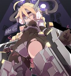 ahoge blazblue blonde_hair bodysuit braid breasts female infraton lambda-11 mecha_musume red_eyes single_braid solo thighhighs torn_clothes very_long_hair