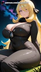 1girls 2025 ai_assisted ai_generated anime artist_name aurora blonde_hair breast breasts bust chest cynthia_(pokemon) explicit female fur_collar fur_trim galaxy grass hi_res high_quality high_resolution highres long_hair looking_at_viewer milky_way moon night night_sky nintendo patreon patreon_username pokemon pokemon_dppt shooting_star sky skypassion solo space stable_diffusion star_(sky) starry_sky starry_sky_print watermark