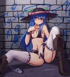 alternate_costume belt black_bikini_top blue_hair blush boots breasts brick_wall brown_boots can choker cross-laced_footwear denim denim_shorts female food fruit garter_straps graffiti hat hater_(hatater) high_heel_boots high_heels highres labia_piercing lace-up_boots leaf long_hair looking_at_viewer nail_polish navel navel_piercing peach_(fruit) piercing red_eyes short_shorts shorts sitting small_breasts smile solo spread_pussy_under_clothes studded_bracelet tenshi_hinanawi thighhighs torn_clothes torn_thighhighs touhou v very_long_hair wall white_legwear