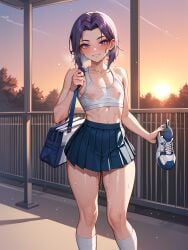 ai_generated asking_for_it femboy genderswap gym_bag inviting inviting_to_fuck park raven_(dc) see-through_clothing skirt skirt_lift skirt_up sports_bra sunset sweat sweatdrop sweating sweaty_body teen_titans tennis_uniform
