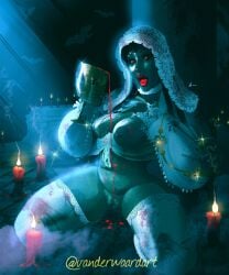 black_hair blood breasts bridal_veil bride_of_dracula cup dracula_(series) fangs female female female_only goblet icebeam86 kneeling lace-trimmed_legwear long_hair looking_at_viewer nipple_piercing nipples open_mouth pouring_on_self red_eyes red_lips stockings vagina vampire veil