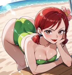 ai_generated arm_rest ass bare_shoulders beach bent_over blush breasts brown_eyes casual_one-piece_swimsuit cleavage collarbone day earrings female flower green_one-piece_swimsuit hair_flower hair_ornament head_rest jewelry lipstick looking_at_viewer medium_breasts medium_hair ocean one-piece_swimsuit outdoors pink_flower red_hair red_lips smile solo strapless sunlight swimsuit thighs total_drama:_revenge_of_the_island total_drama_island twintails v-shaped_eyebrows water zoey_(tdi)