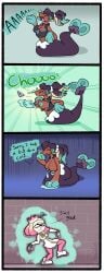 chabble closed_eyes cold dodging headphones lactation marina_(splatoon) pearl_(splatoon) pokemon pokemon_(species) post_transformation primarina sick sneeze snot splatoon tagme tentacle_hair wardrobe_malfunction zipper