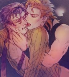 2boys angry_expression blonde_hair blood_in_mouth blush closed_eye clothed clothing color colored dio_brando dominant dominant_male hand_on_face jojo's_bizarre_adventure kira_yoshikage kiradio licking light_skin male male/male male_focus male_only male_penetrating male_penetrating_male medium_hair no_text penetration sex_from_behind short_hair shy_expression submissive submissive_male vampire yaoi yoshikage_kira