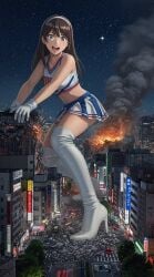 1girls 2d 2d_(artwork) ai_generated brown_hair brown_hair_female brunette_hair building building_destruction buildings city city_destruction clothed clothed_female destruction female female_focus female_only giant_female giant_woman giantess happy happy_female light-skinned_female light_skin long_hair long_hair_female macro macro_female playful yosuke_shibass